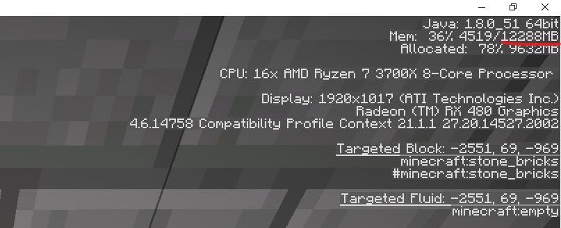 Screenshot of Minecraft showing the debug screen listing for allocated memory.