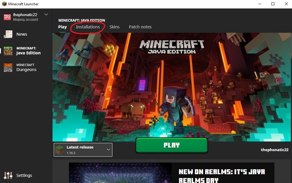 Screenshot of the Minecraft launcher showing where to find installations.