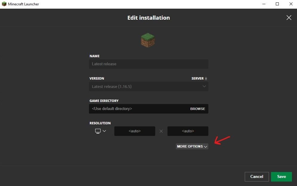 Screenshot of the edit menu in Minecraft showing where to find More Options