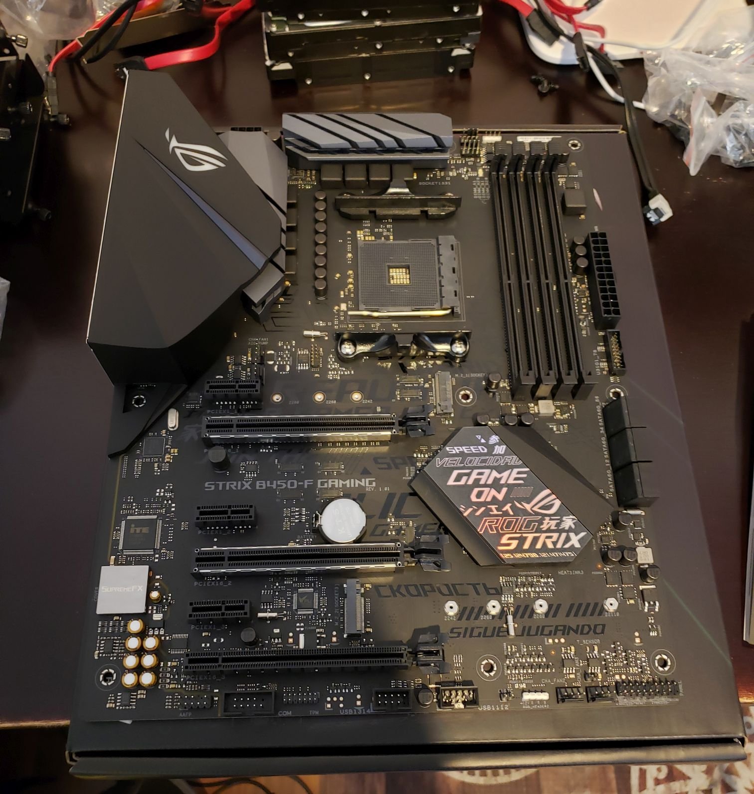 New motherboard sitting on a desk