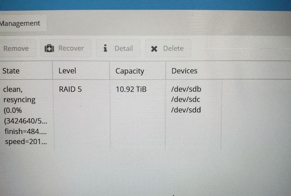 Open Media Vault web UI showing a 10.92TB data pool