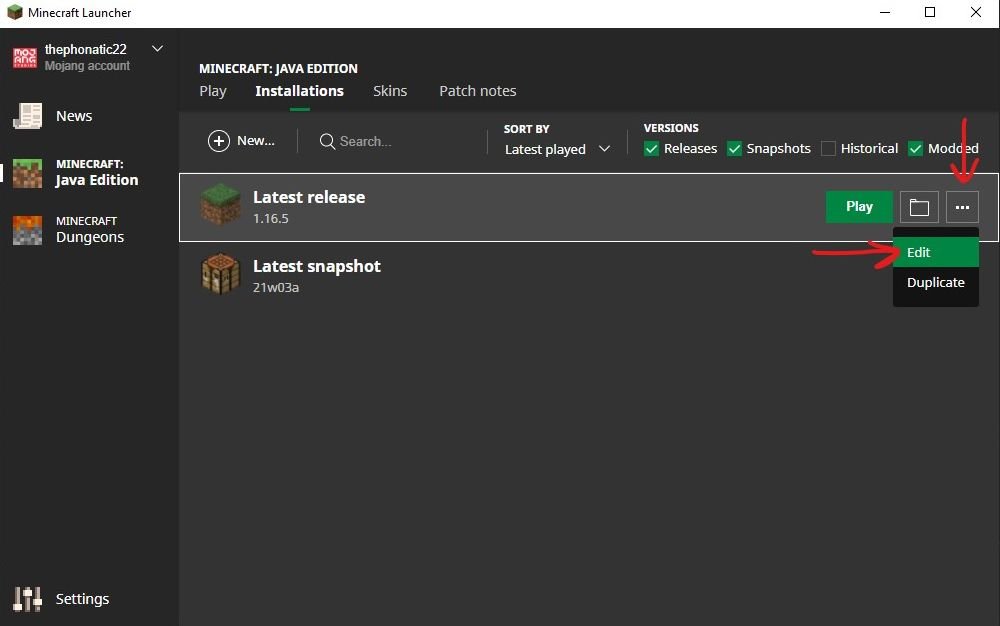 Screenshot of the Minecraft launcher installations menu showing where to find the Edit option.