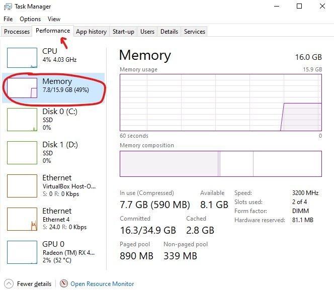 Screenshot of the task manager showing where to find total system memory.